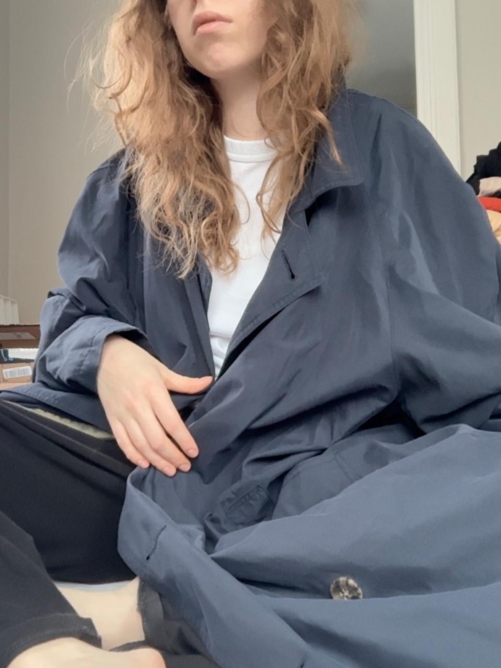 SOLD Vintage Dark Blue Trench Coat with Olive Lining — Oversized — Paris Find
